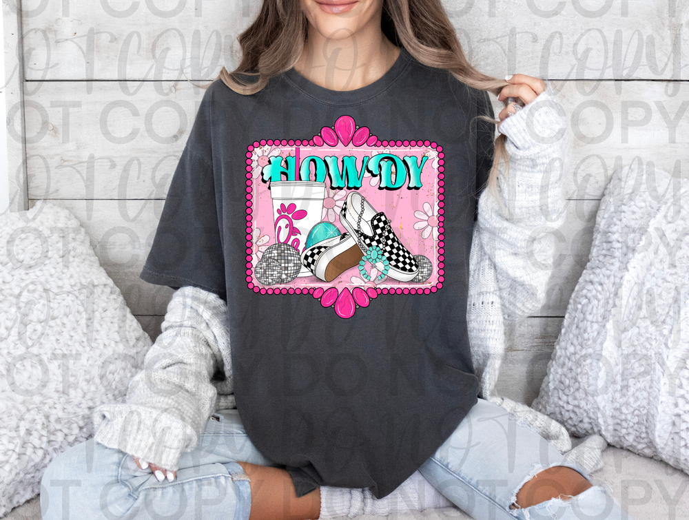 Pink Howdy Checkered Western Graphic Tee